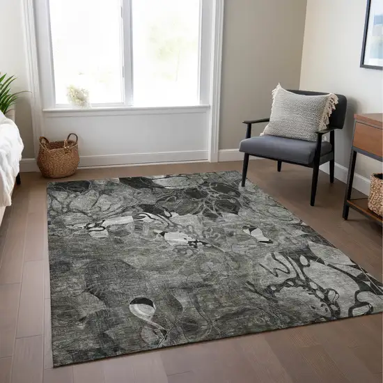 Gray Floral Washable Non Skid Indoor Outdoor Area Rug Photo 8