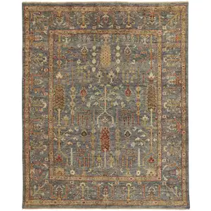 Photo of Gray Gold And Red Wool Floral Hand Knotted Stain Resistant Area Rug With Fringe