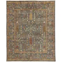 Photo of Gray Gold And Red Wool Floral Hand Knotted Stain Resistant Area Rug With Fringe