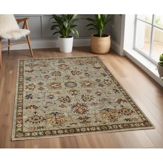 Gray and Ivory Wool Floral Hand Knotted Area Rug With Fringe Photo 1