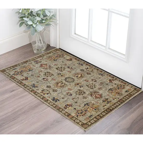 Gray and Ivory Wool Floral Hand Knotted Area Rug With Fringe Photo 1