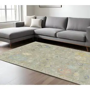 Photo of Gray Green And Yellow Wool Oriental Hand Knotted Area Rug With Fringe