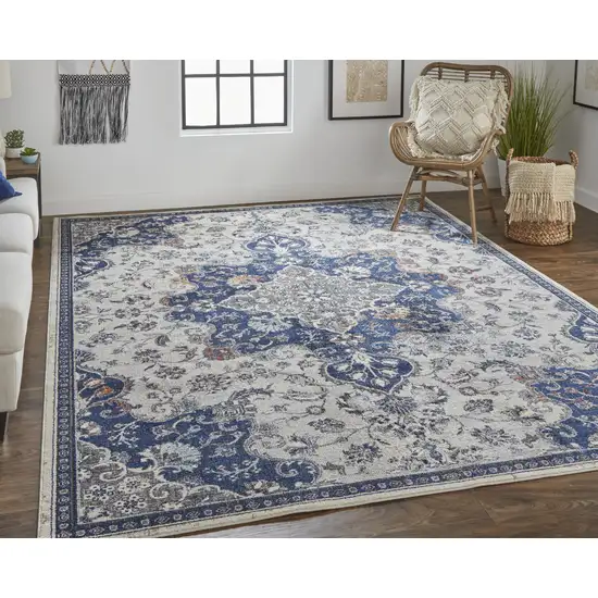 Gray Ivory And Blue Floral Power Loom Distressed Stain Resistant Area Rug Photo 7