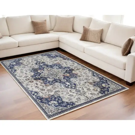 Gray Ivory And Blue Floral Power Loom Distressed Stain Resistant Area Rug Photo 2