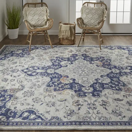 Gray Ivory And Blue Floral Power Loom Distressed Stain Resistant Area Rug Photo 8