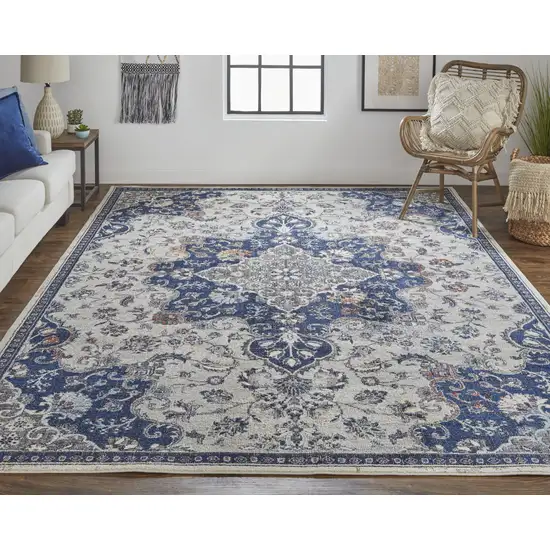 Gray Ivory And Blue Floral Power Loom Distressed Stain Resistant Area Rug Photo 6