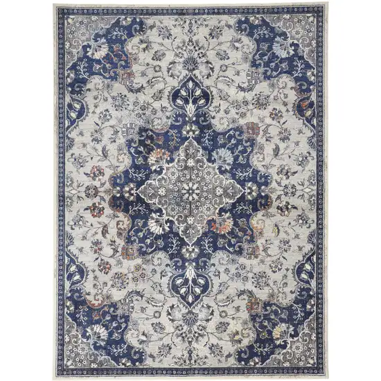 Gray Ivory And Blue Floral Power Loom Distressed Stain Resistant Area Rug Photo 1