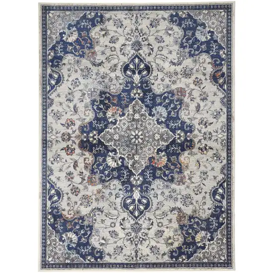 Gray Ivory And Blue Floral Power Loom Distressed Stain Resistant Area Rug Photo 1