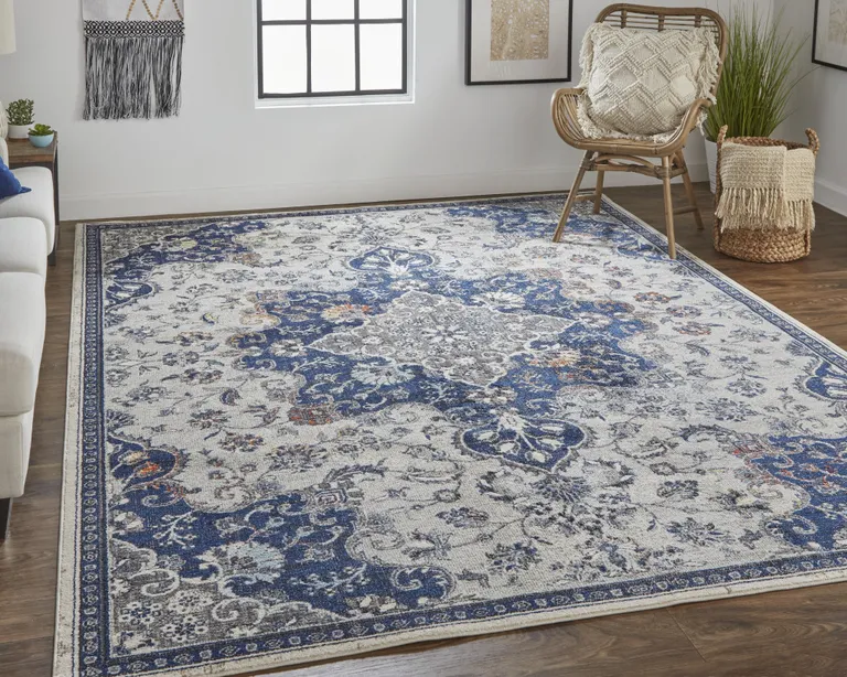 Gray Ivory And Blue Floral Power Loom Distressed Stain Resistant Area Rug Photo 3