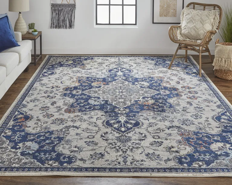 Gray Ivory And Blue Floral Power Loom Distressed Stain Resistant Area Rug Photo 2