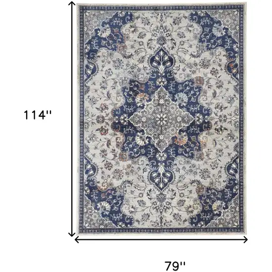 Gray Ivory And Blue Floral Power Loom Distressed Stain Resistant Area Rug Photo 10