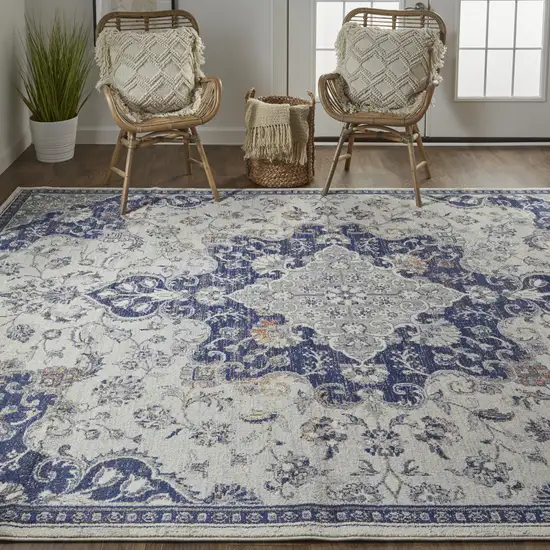 Gray Ivory And Blue Floral Power Loom Distressed Stain Resistant Area Rug Photo 7