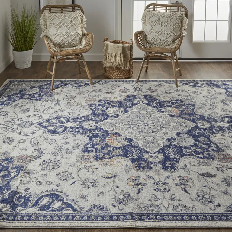 Gray Ivory And Blue Floral Power Loom Distressed Stain Resistant Area Rug Photo 4