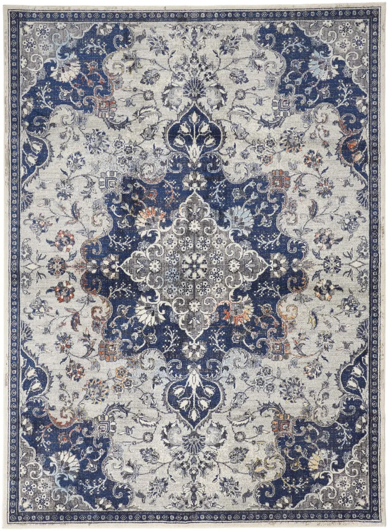 Gray Ivory And Blue Floral Power Loom Distressed Stain Resistant Area Rug Photo 1