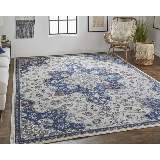 Gray Ivory And Blue Floral Power Loom Distressed Stain Resistant Area Rug Photo 6