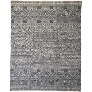 Photo of Gray Ivory And Blue Geometric Hand Knotted Area Rug