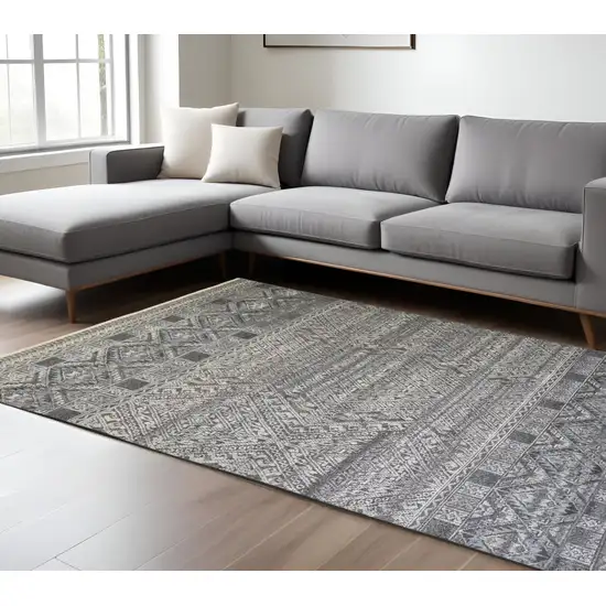 Gray and Ivory Geometric Hand Knotted Area Rug Photo 1