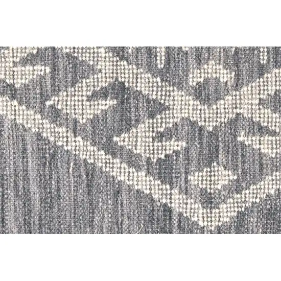 Gray Ivory And Blue Wool Geometric Dhurrie Flatweave Handmade Area Rug With Fringe Photo 8