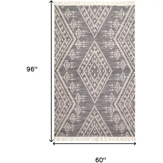 Gray Ivory And Blue Wool Geometric Dhurrie Flatweave Handmade Area Rug With Fringe Photo 10