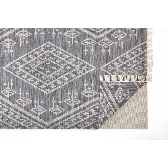 Gray Ivory And Blue Wool Geometric Dhurrie Flatweave Handmade Area Rug With Fringe Photo 2