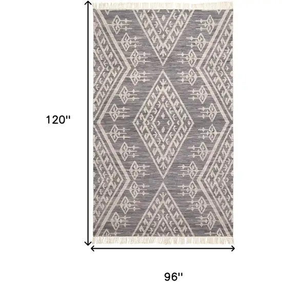 Gray Ivory And Blue Wool Geometric Dhurrie Flatweave Handmade Area Rug With Fringe Photo 10