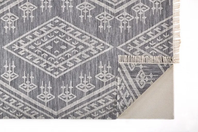 Gray Ivory And Blue Wool Geometric Dhurrie Flatweave Handmade Area Rug With Fringe Photo 2