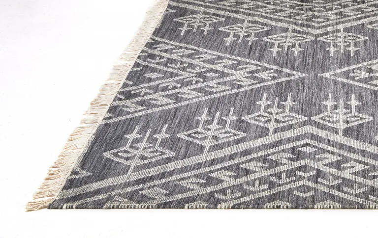 Gray Ivory And Blue Wool Geometric Dhurrie Flatweave Handmade Area Rug With Fringe Photo 3