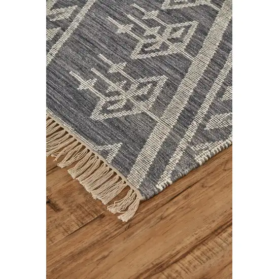 Gray Ivory And Blue Wool Geometric Dhurrie Flatweave Handmade Area Rug With Fringe Photo 7