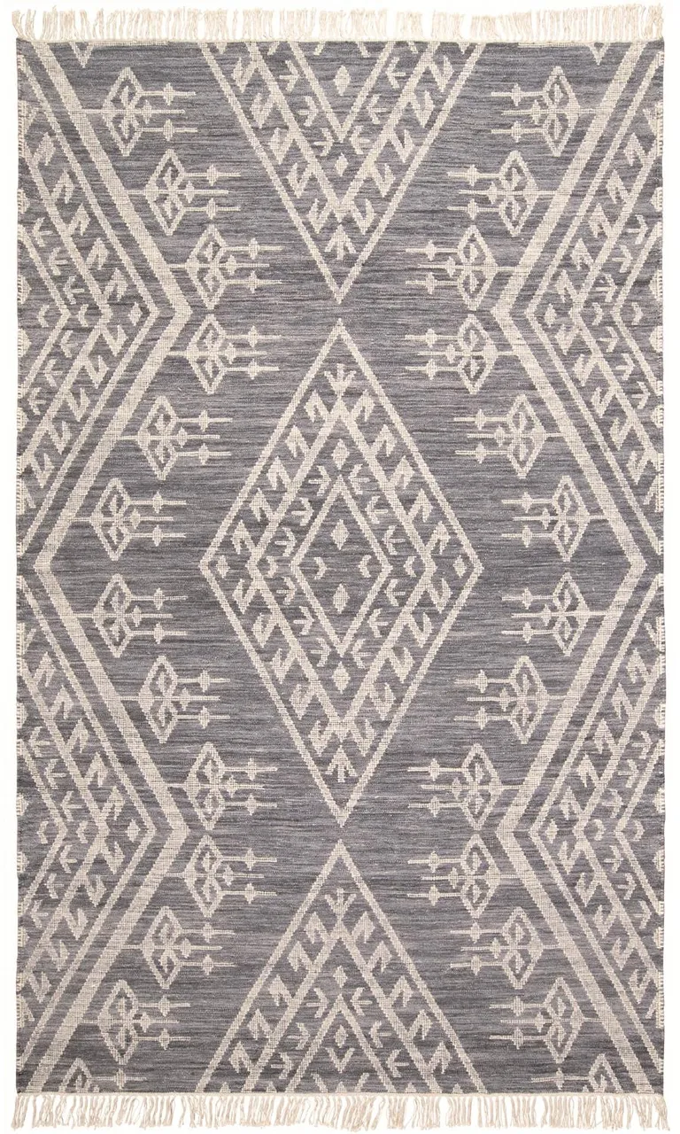 Gray Ivory And Blue Wool Geometric Dhurrie Flatweave Handmade Area Rug With Fringe Photo 1