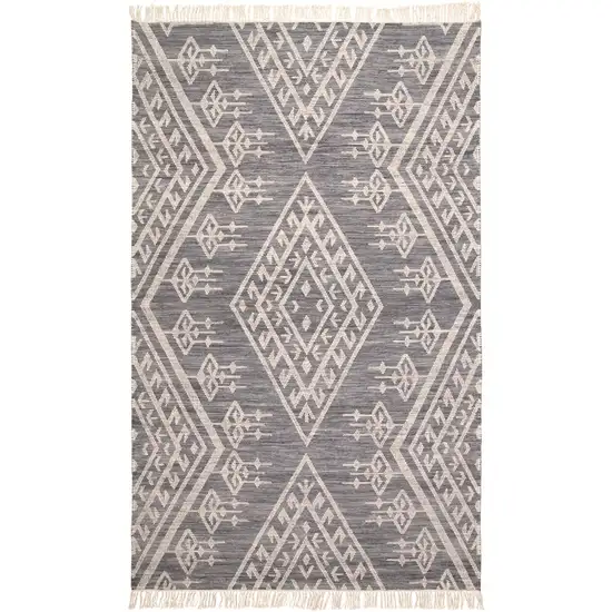 Gray Ivory And Blue Wool Geometric Dhurrie Flatweave Handmade Area Rug With Fringe Photo 1