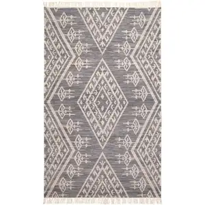 Photo of Gray Ivory And Blue Wool Geometric Dhurrie Flatweave Handmade Area Rug With Fringe