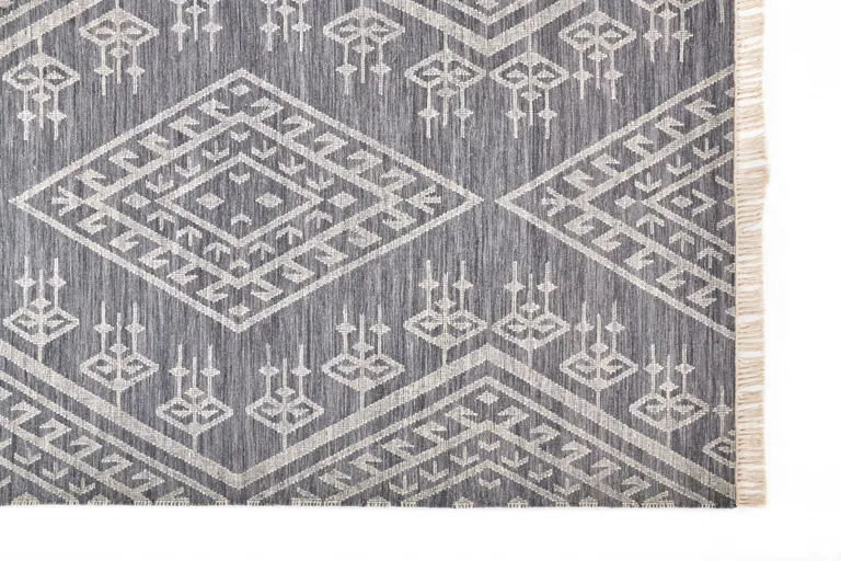 Gray Ivory And Blue Wool Geometric Dhurrie Flatweave Handmade Area Rug With Fringe Photo 4