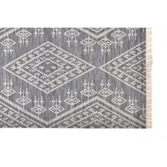 Gray Ivory And Blue Wool Geometric Dhurrie Flatweave Handmade Area Rug With Fringe Photo 4