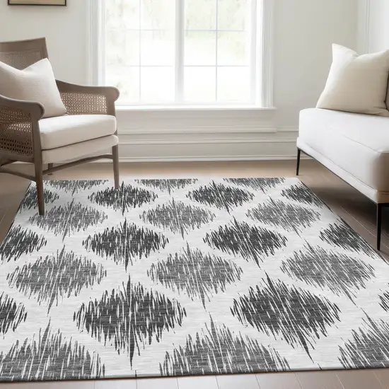 Gray Ivory And Charcoal Ikat Washable Indoor Outdoor Area Rug Photo 8