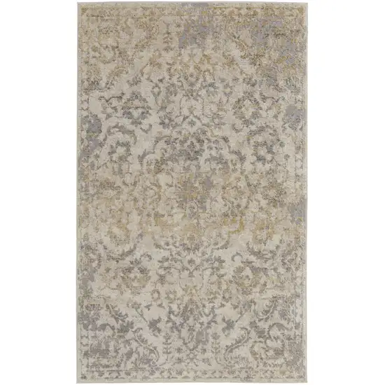 Gray Ivory And Gold Floral Power Loom Distressed Area Rug Photo 1