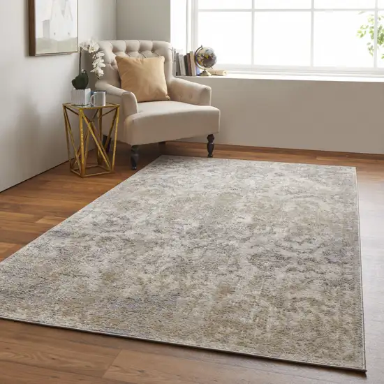 Gray Ivory And Gold Floral Power Loom Distressed Area Rug Photo 7