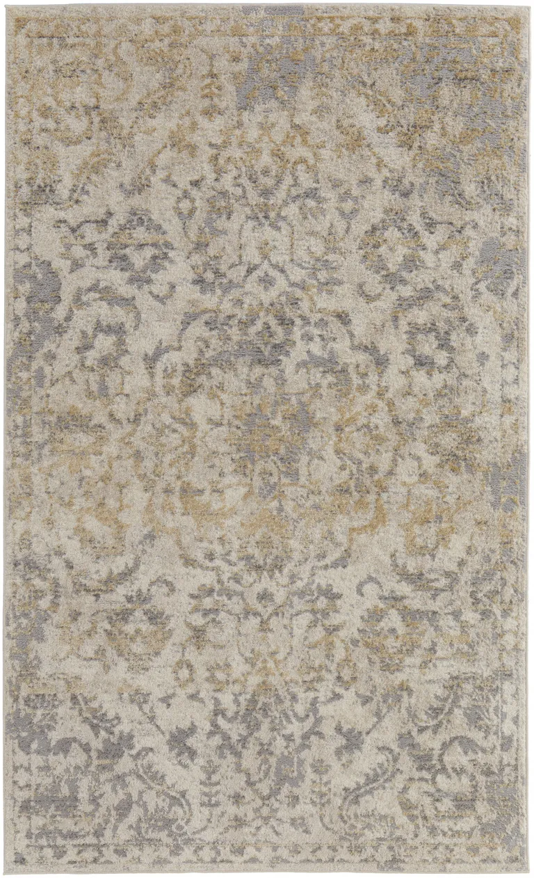 Gray Ivory And Gold Floral Power Loom Distressed Area Rug Photo 1