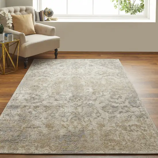 Gray Ivory And Gold Floral Power Loom Distressed Area Rug Photo 6