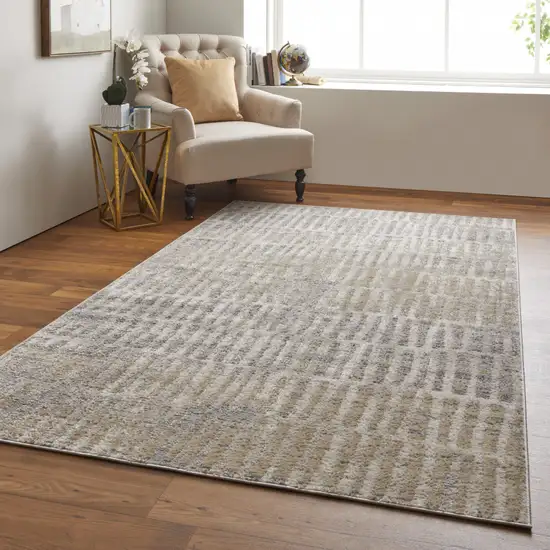 Gray Ivory And Gold Geometric Power Loom Distressed Area Rug Photo 7