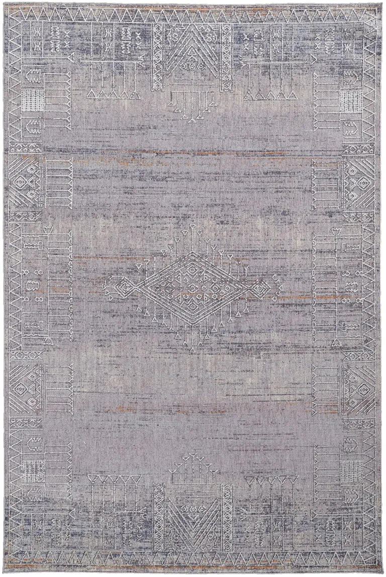 Gray Ivory And Orange Geometric Power Loom Distressed Stain Resistant Area Rug Photo 1