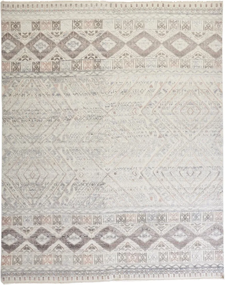 Gray Ivory And Pink Geometric Hand Knotted Area Rug Photo 1