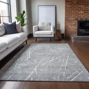 Photo of Gray Ivory And Silver Abstract Washable Indoor Outdoor Area Rug