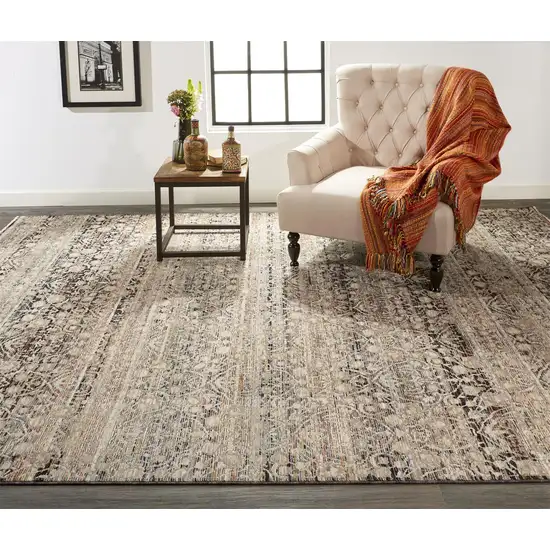 Gray Ivory And Tan Abstract Distressed Area Rug With Fringe Photo 7