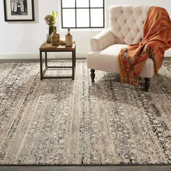 Gray Ivory And Tan Abstract Distressed Area Rug With Fringe Photo 8