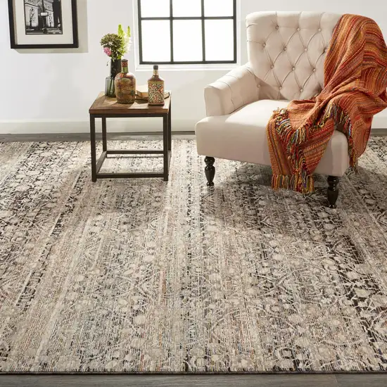 Gray Ivory And Tan Abstract Distressed Area Rug With Fringe Photo 3