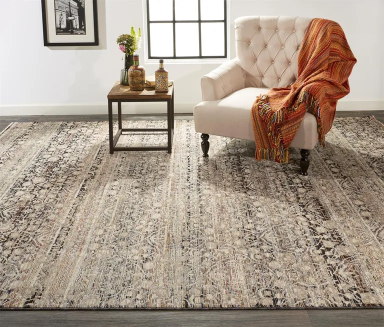 Gray Ivory And Tan Abstract Distressed Area Rug With Fringe Photo 2