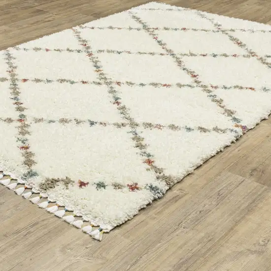 Gray Ivory And Tan Diamond Shag Area Rug With Fringe Photo 9