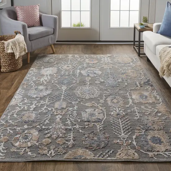 Gray Ivory And Tan Floral Power Loom Area Rug Photo 7