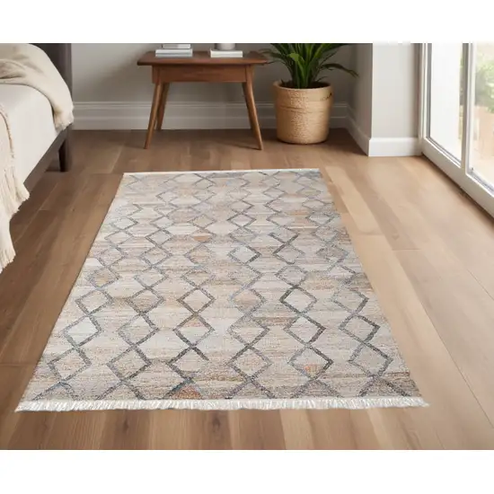 Gray Ivory And Tan Geometric Hand Woven Stain Resistant Area Rug With Fringe Photo 5