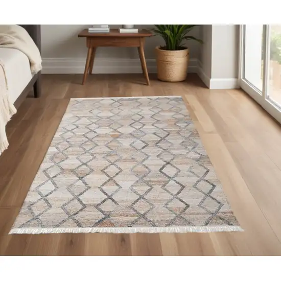 Gray Ivory And Tan Geometric Hand Woven Stain Resistant Area Rug With Fringe Photo 2